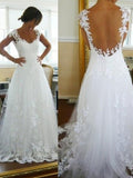 A-Line/Princess V-neck Sleeveless Tulle Sweep/Brush Train Bridal Dresses with Lace