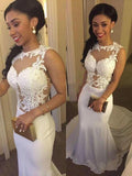 Trumpet/Mermaid Scoop Court Train Sleeveless Satin Wedding Dresses with Applique
