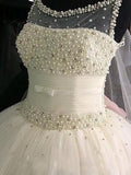 Ball Gown Scoop Floor-Length Sleeveless Tulle Wedding Dresses with Beading