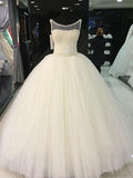 Ball Gown Scoop Floor-Length Sleeveless Tulle Wedding Dresses with Beading