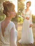 A-Line/Princess V-neck Sweep/Brush Train Long Sleeves Chiffon Wedding Dresses with Lace
