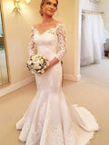 Trumpet/Mermaid Off-the-Shoulder Court Train 3/4 Sleeves Satin Wedding Dresses
