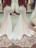 Trumpet/Mermaid Spaghetti Straps Court Train Sleeveless Satin Wedding Dresses with Applique