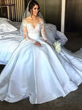 Ball Gown Off-the-Shoulder Court Train Long Sleeves Satin Wedding Dresses