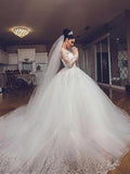 Ball Gown V-neck Court Train Long Sleeves Tulle Wedding Dresses