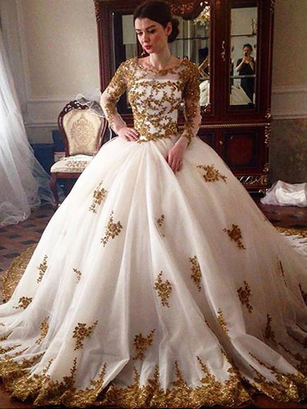 Ball Gown Scoop Court Train Long Sleeves Tulle Wedding Dresses