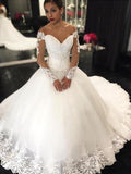 Ball Gown Off-the-Shoulder Court Train Sleeveless Tulle Wedding Dresses with Applique