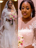 Trumpet/Mermaid Scoop Court Train 3/4 Sleeves Tulle Plus Size Wedding Dresses