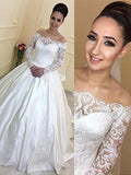 Ball Gown Off-the-Shoulder Court Train Long Sleeves Satin Bridal Dresses