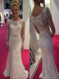 Sheath/Column Scoop Sweep/Brush Train Long Sleeves Chiffon Wedding Dresses with Lace