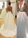 A-Line/Princess V-neck Court Train Sleeveless Satin Wedding Dresses