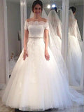 Ball Gown Off-the-Shoulder Sweep/Brush Train Short Sleeves Tulle Wedding Dresses