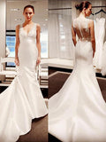 Trumpet/Mermaid V-neck Court Train Sleeveless Satin Bridal Dresses