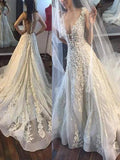 A-Line/Princess V-neck Court Train Sleeveless Tulle Wedding Dresses