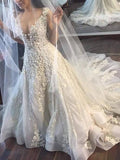 A-Line/Princess V-neck Court Train Sleeveless Tulle Wedding Dresses