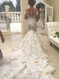 Trumpet/Mermaid Off-the-Shoulder Chapel Train Short Sleeves Tulle Bridal Dresses
