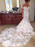Trumpet/Mermaid Off-the-Shoulder Chapel Train Short Sleeves Tulle Bridal Dresses