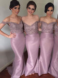 Trumpet/Mermaid Off-the-Shoulder Satin Sweep/Brush Train Sleeveless Bridesmaid Dresses with Beading