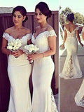 Trumpet/Mermaid Off-the-Shoulder Satin Floor-Length Sleeveless Bridesmaid Dresses with Beading