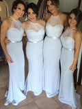 Sheath/Column Halter Chiffon Long Sleeveless Bridesmaid Dresses with Sash/Ribbon/Belt
