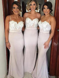 A-Line/Princess Sweetheart Satin Long Sleeveless Bridesmaid Dresses with Lace