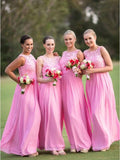 A-Line/Princess Scoop Chiffon Long Sleeveless Bridesmaid Dresses with Lace