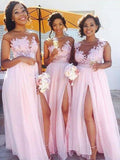 A-Line/Princess Scoop Chiffon Long Sleeveless Bridesmaid Dresses with Applique
