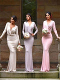 Sheath/Column V-neck Jersey Long Sleeveless Bridesmaid Dresses with Applique