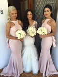 Trumpet/Mermaid Halter Satin Sweep/Brush Train Sleeveless Bridesmaid Dresses with Applique