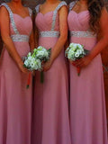 A-Line/Princess Sweetheart Chiffon Long Sleeveless Bridesmaid Dresses with Beading