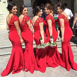A-Line/Princess V-neck Satin Long Sleeveless Bridesmaid Dresses with Lace