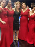 A-Line/Princess V-neck Satin Long Sleeveless Bridesmaid Dresses with Lace