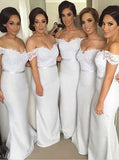 Sheath/Column Off-the-Shoulder Satin Long Sleeveless Bridesmaid Dresses with Lace