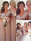 A-Line/Princess V-neck Chiffon Long Sleeveless Bridesmaid Dresses with Sequin