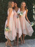 A-Line/Princess V-neck Lace Asymmetrical Sleeveless Bridesmaid Dresses