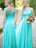 A-Line/Princess Scoop Chiffon Long Sleeveless Bridesmaid Dresses with Lace
