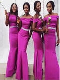 Trumpet/Mermaid Off-the-Shoulder Satin Long Sleeveless Bridesmaid Dresses