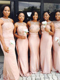 Trumpet/Mermaid Scoop Satin Long Sleeveless Bridesmaid Dresses with Applique