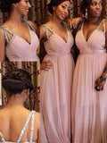 A-Line/Princess V-neck Chiffon Long Sleeveless Bridesmaid Dresses with Beading