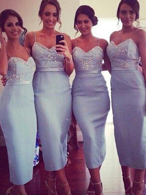 Sheath/Column Spaghetti Straps Satin Knee Length Sleeveless Bridesmaid Dresses