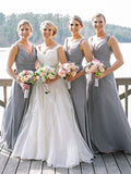 A-Line/Princess V-neck Chiffon Long Sleeveless Bridesmaid Dresses
