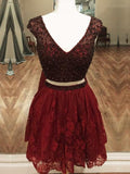 A-Line/Princess V-neck Lace Sleeveless Short/Mini Two Piece Dresses with Beading