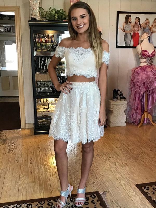 A-Line/Princess Off-the-Shoulder Lace Sleeveless Short/Mini Two Piece Dresses with Lace