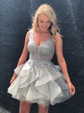 A-Line/Princess V-neck Tulle Sleeveless Short/Mini Backless Dresses with Applique