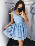 A-Line/Princess V-neck Lace Sleeveless Short/Mini Prom Dresses with Lace
