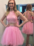 A-Line/Princess Jewel Tulle Sleeveless Short/Mini Dresses with Beading Lace