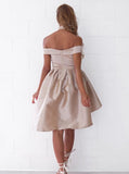 A-Line/Princess Off-the-Shoulder Satin Short Sleeves Asymmetrical Dresses with Pleats