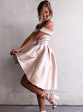 A-Line/Princess Off-the-Shoulder Satin Short Sleeves Asymmetrical Dresses with Pleats
