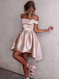 A-Line/Princess Off-the-Shoulder Satin Short Sleeves Asymmetrical Dresses with Pleats