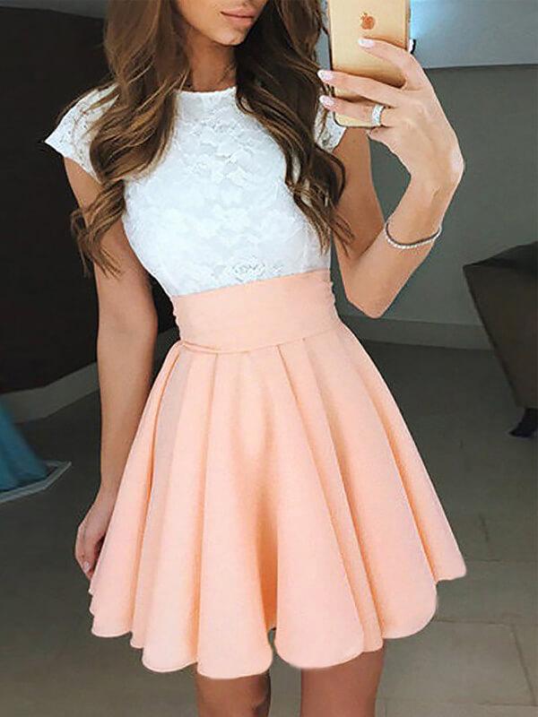 A-Line/Princess Jewel Chiffon Sleeveless Short/Mini Prom Dresses with Lace